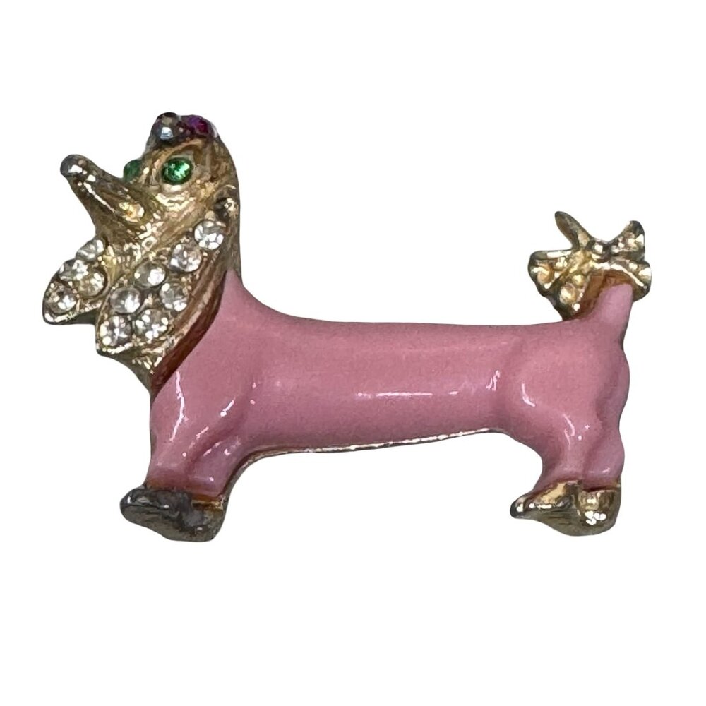 Vintage Pink Celluloid Rhinestone Dachshund Dog Brooch Bow Peridot Eyes Estate